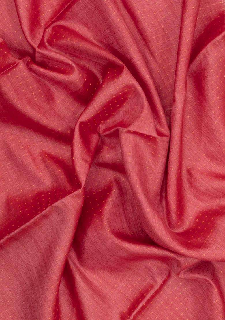 Peach Woven Dupion Silk Saree With Dotted Stripes Contrast Border With Checks And Stripes Design For Women - Indya