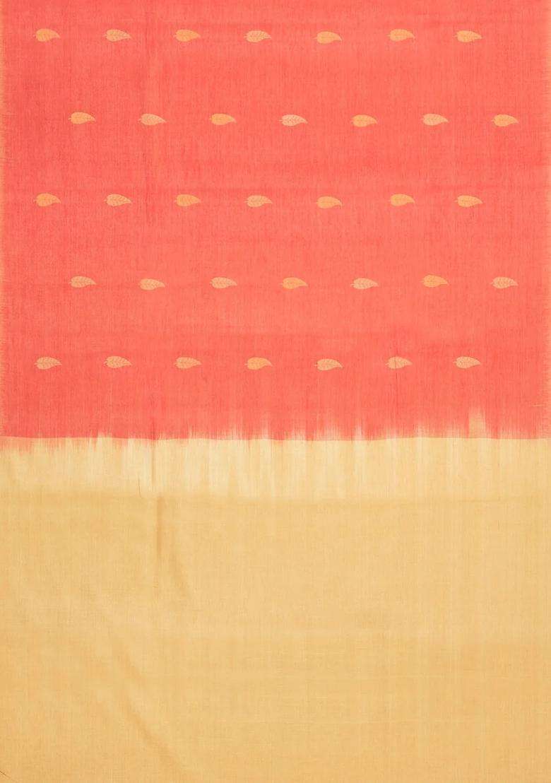 Peach Woven Dupion Silk Saree With Leaf Buttas Contrast Border With Buttas And Brocade Design For Women - Indya