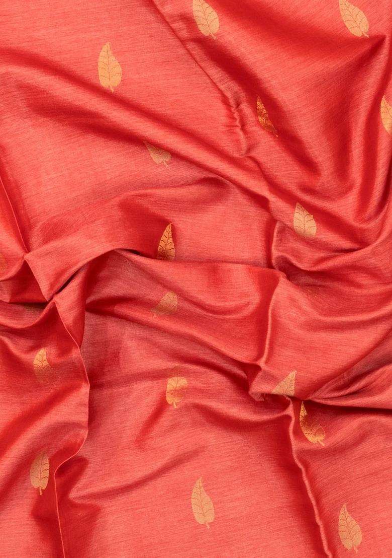 Peach Woven Dupion Silk Saree With Leaf Buttas Contrast Border With Buttas And Brocade Design For Women - Indya