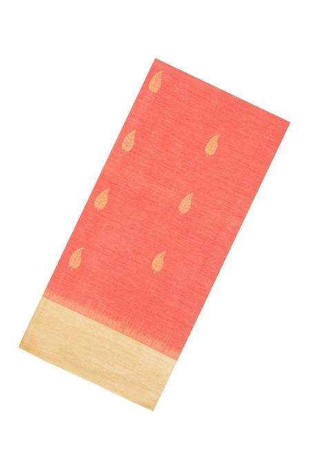 Peach Woven Dupion Silk Saree With Leaf Buttas Contrast Border With Buttas And Brocade Design For Women