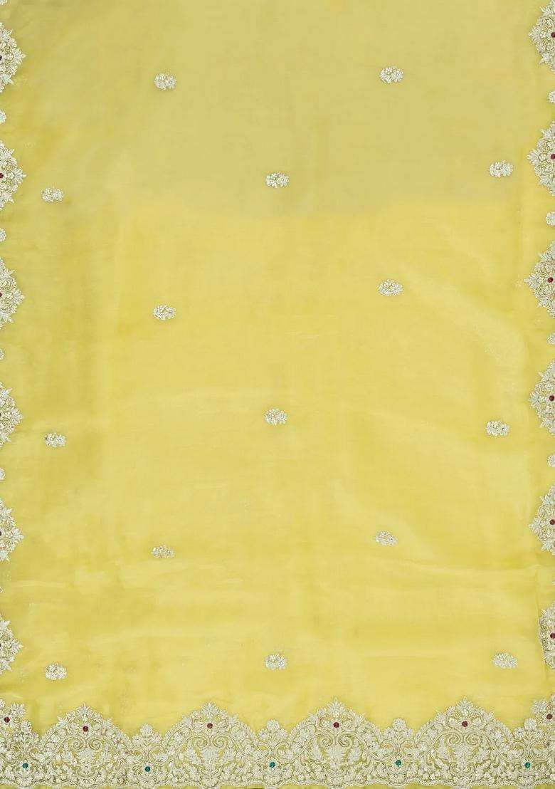 Yellow Embroidered Organza Saree With Buttas For Women - Indya