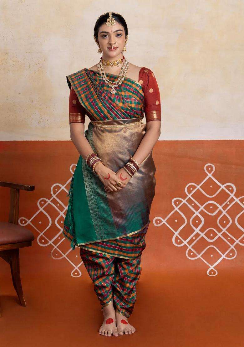 Multi Colour Crimson Handloom Kanchipuram 9 Yards Silk Saree With Checks Buttas With Buttas And Brocade Design For Women - Indya
