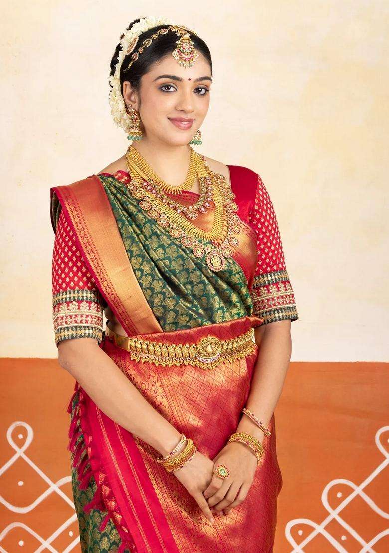 Green Handloom Korvai Kanchipuram 9 Yards Silk Saree With Gandaberunda Motifs With Korvai And Temple Border Design For Women - Indya