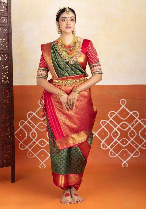 Green Handloom Korvai Kanchipuram 9 Yards Silk Saree With Gandaberunda Motifs With Korvai And Temple Border Design For Women