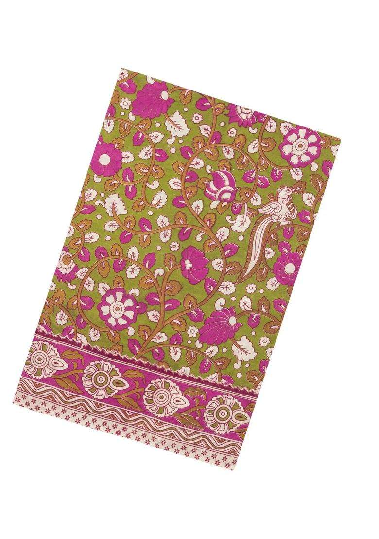 Olive Green Printed Kalamkari Cotton Saree For Women - Indya