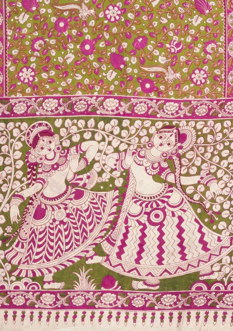 Olive Green Printed Kalamkari Cotton Saree For Women - Indya