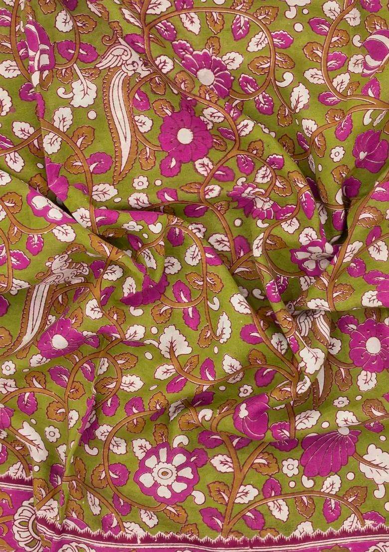Olive Green Printed Kalamkari Cotton Saree For Women - Indya