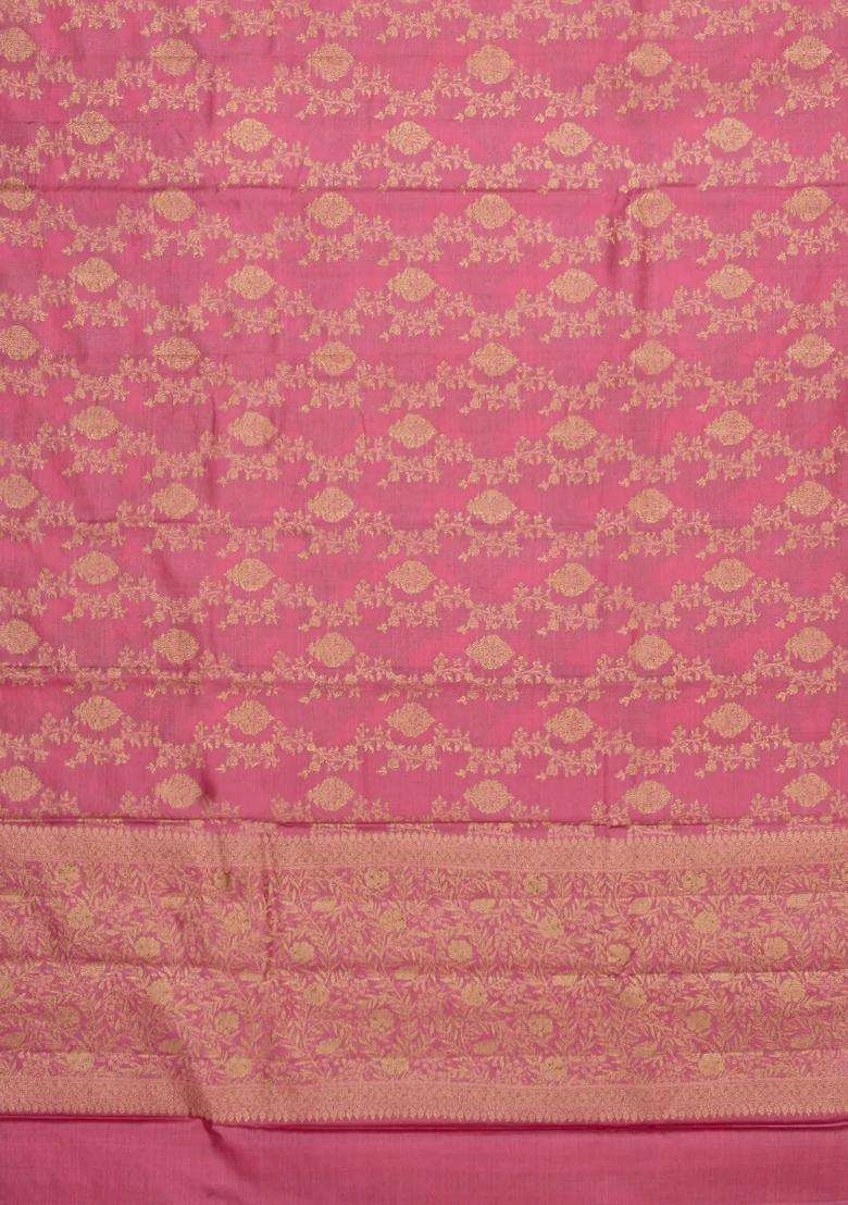 Dusty Pink Woven Tussar Silk Saree With Floral Motifs With Buttas And Brocade Design For Women - Indya