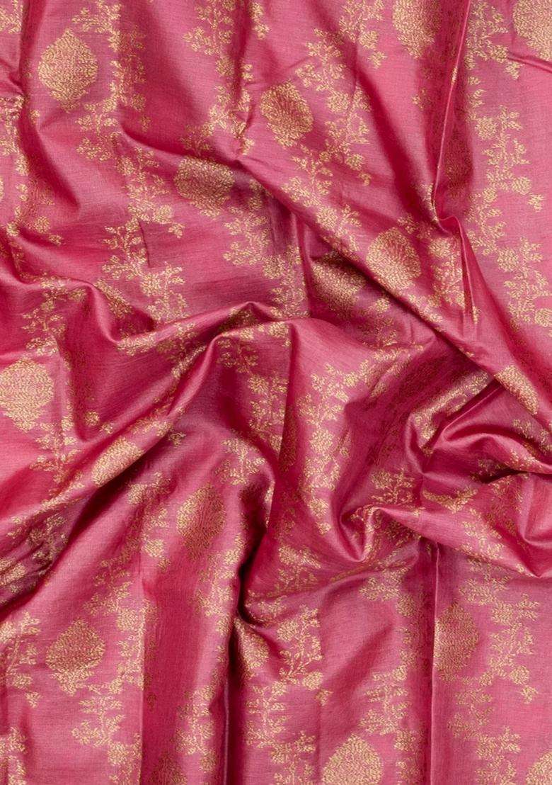 Dusty Pink Woven Tussar Silk Saree With Floral Motifs With Buttas And Brocade Design For Women - Indya