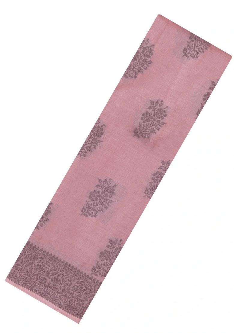 Light Peach Woven Tussar Silk Saree With Floral Buttas With Buttas And Brocade Design For Women - Indya