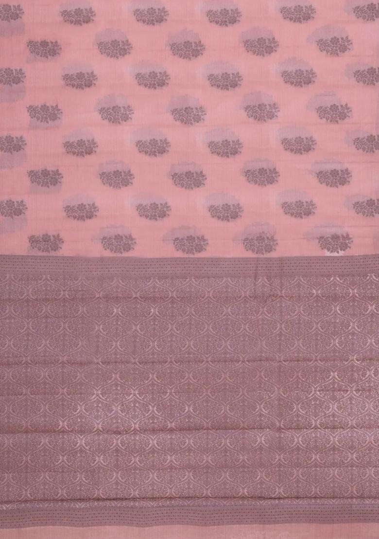 Light Peach Woven Tussar Silk Saree With Floral Buttas With Buttas And Brocade Design For Women - Indya