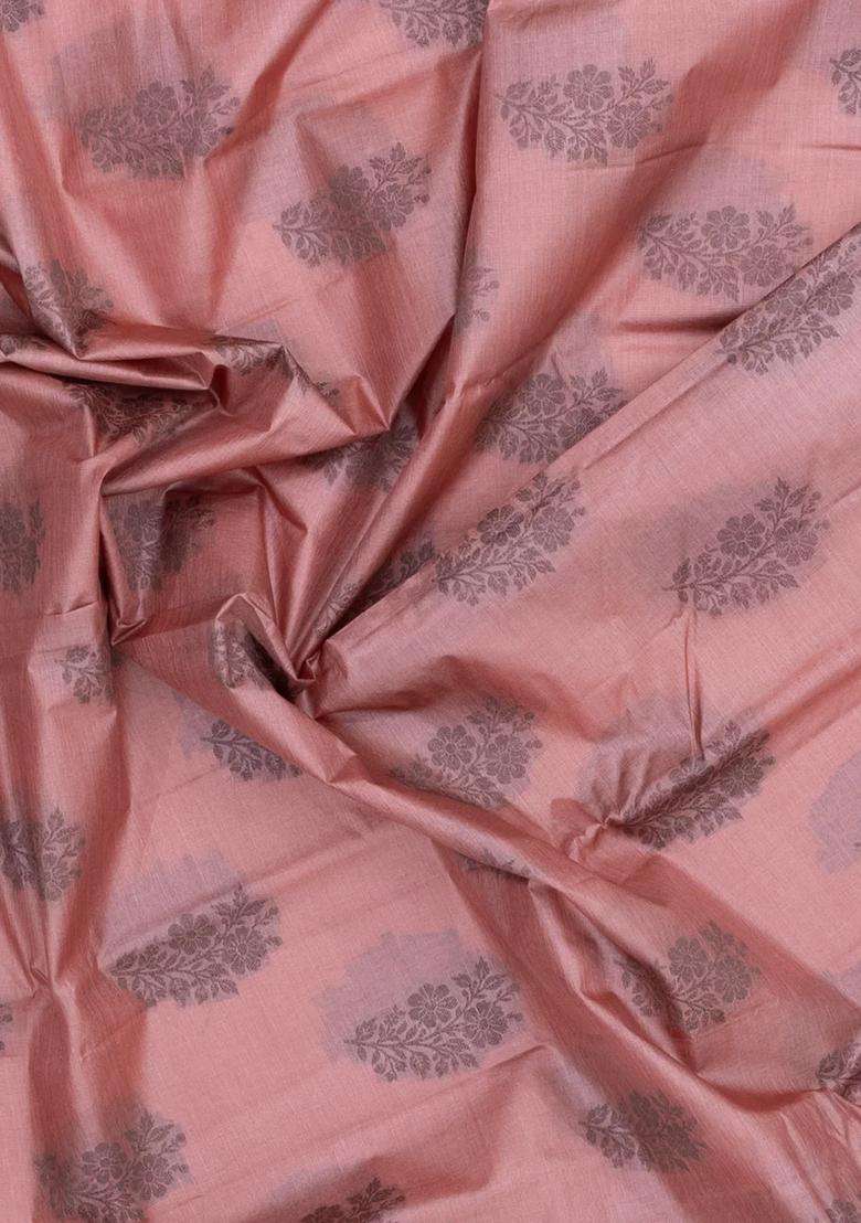 Light Peach Woven Tussar Silk Saree With Floral Buttas With Buttas And Brocade Design For Women - Indya