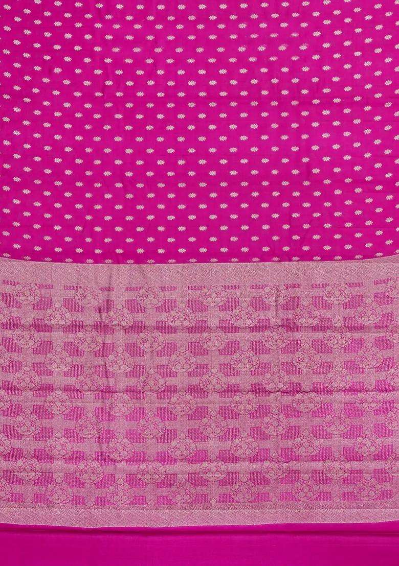 Hot Pink Woven Tussar Silk Saree With Floral Buttas With Buttas And Brocade Design For Women - Indya