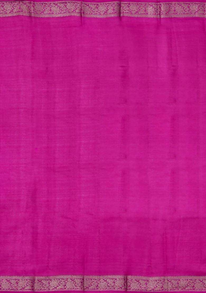 Hot Pink Woven Tussar Silk Saree With Floral Buttas With Buttas And Brocade Design For Women - Indya
