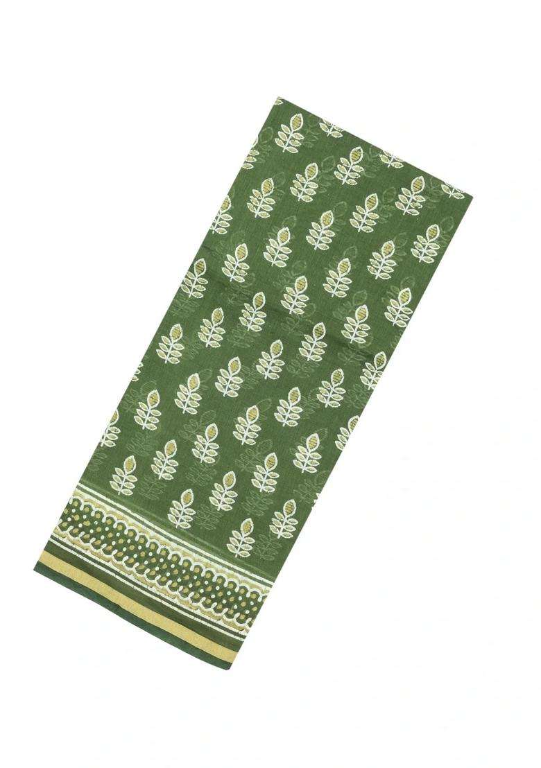 Leafy Green Printed Chanderi Cotton Saree With Floral Motifs For Women - Indya