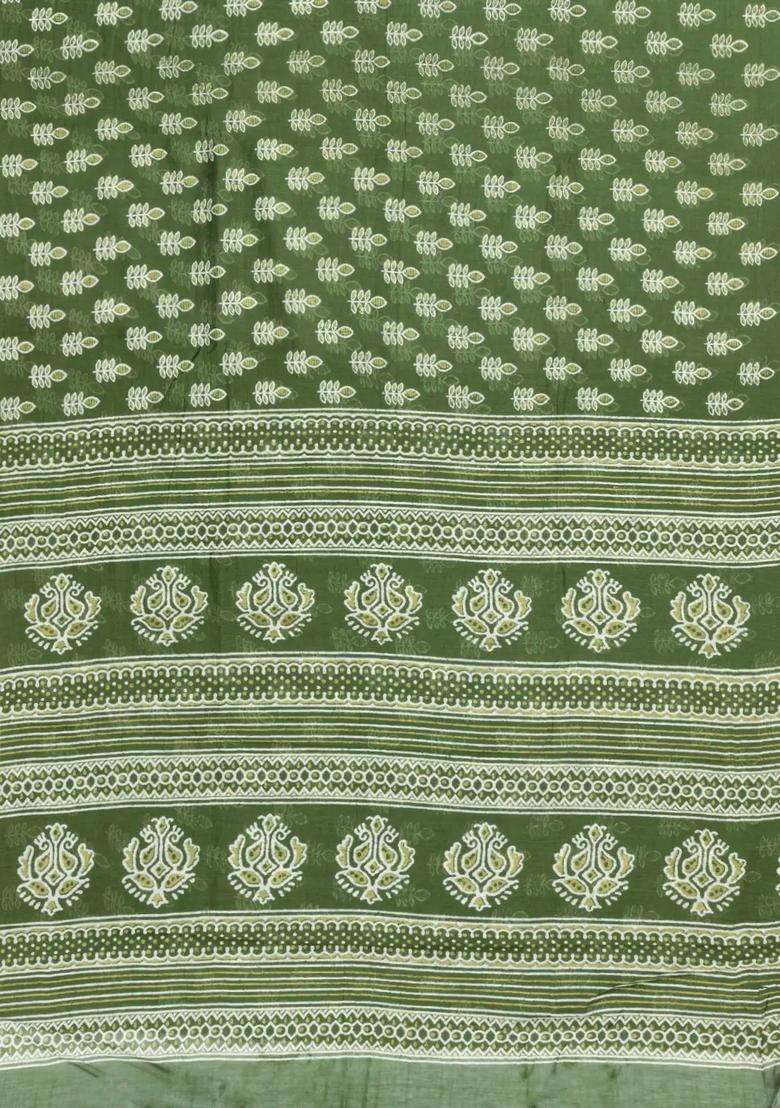 Leafy Green Printed Chanderi Cotton Saree With Floral Motifs For Women - Indya