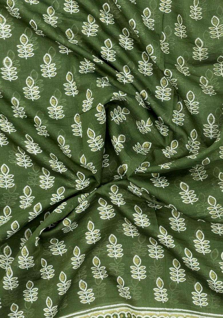 Leafy Green Printed Chanderi Cotton Saree With Floral Motifs For Women - Indya