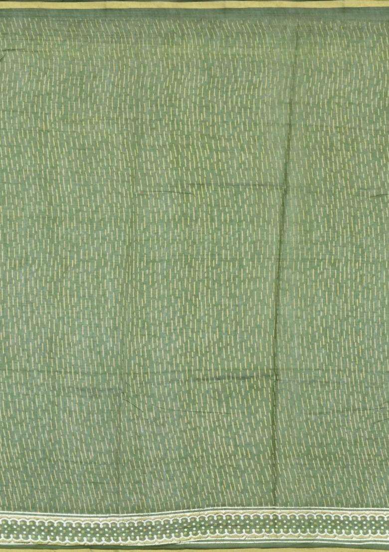 Leafy Green Printed Chanderi Cotton Saree With Floral Motifs For Women - Indya