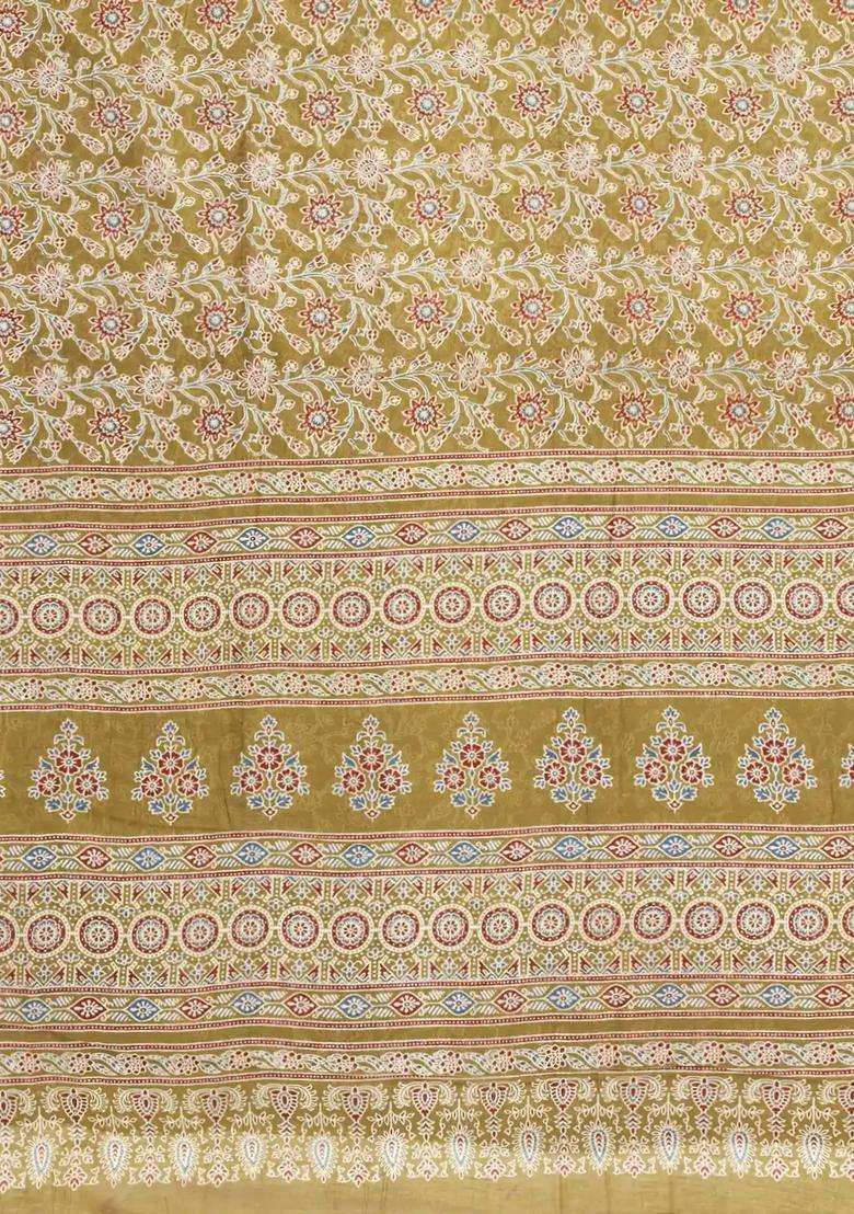 Beige Printed Chanderi Cotton Saree With Floral Motifs For Women - Indya