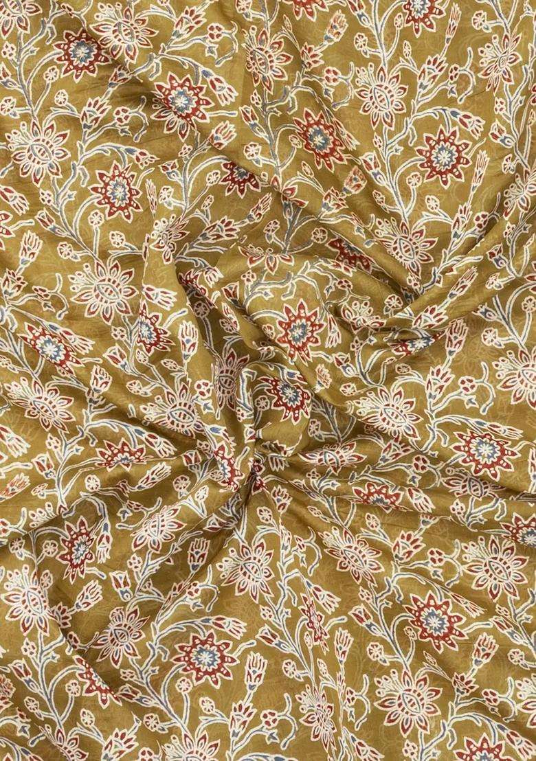 Beige Printed Chanderi Cotton Saree With Floral Motifs For Women - Indya