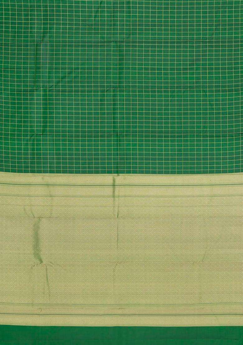 Green Woven Pure Silk Saree With Zari Checks With Checks And Stripes Design For Women - Indya
