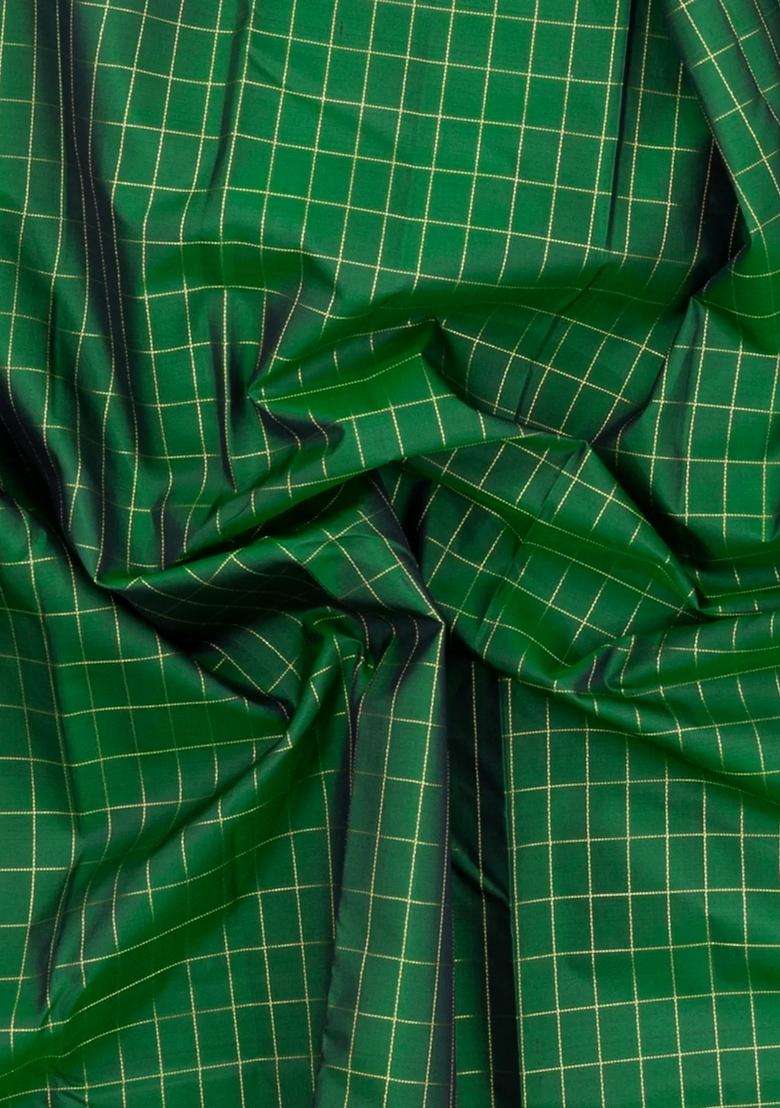 Green Woven Pure Silk Saree With Zari Checks With Checks And Stripes Design For Women - Indya