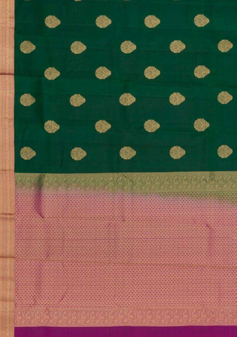 Dark Green Woven Pure Silk Saree With Zari Buttas Contrast Border With Buttas And Brocade Design For Women - Indya