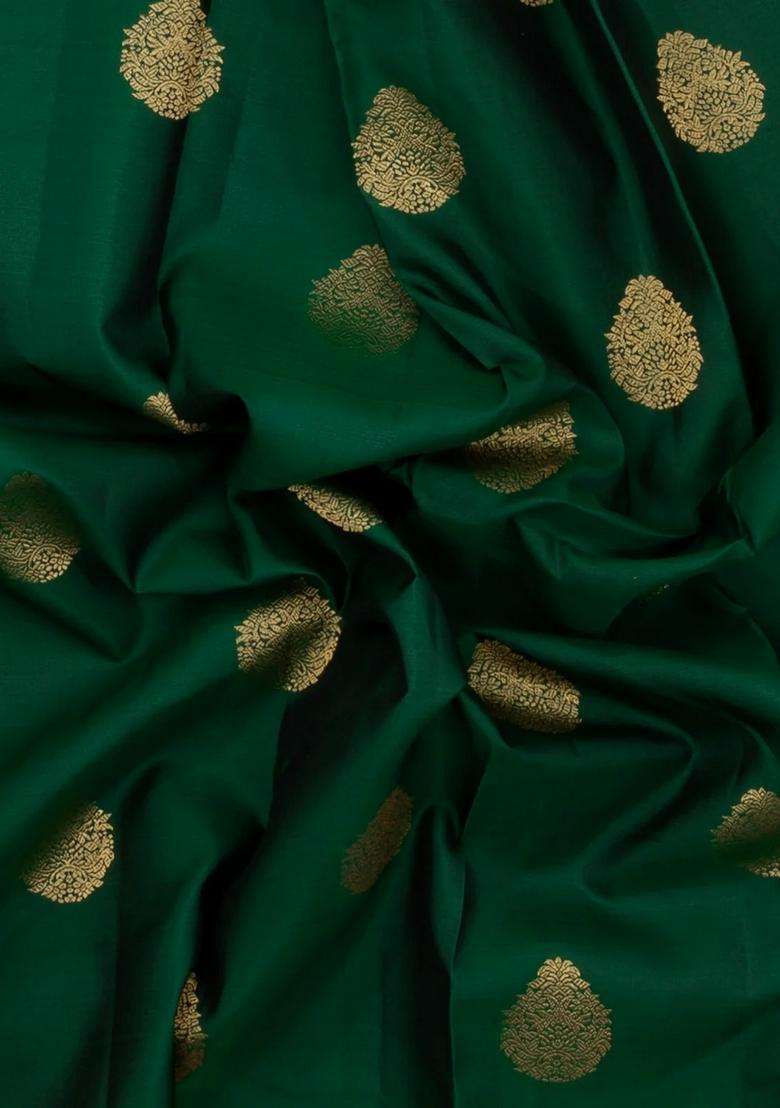 Dark Green Woven Pure Silk Saree With Zari Buttas Contrast Border With Buttas And Brocade Design For Women - Indya