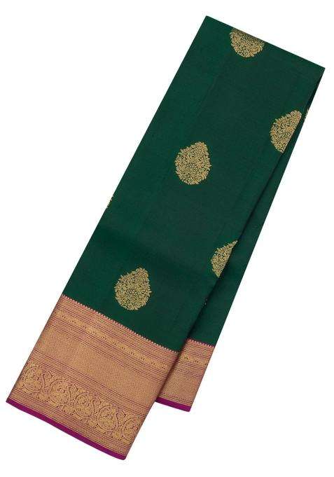 Dark Green Woven Pure Silk Saree With Zari Buttas Contrast Border With Buttas And Brocade Design For Women
