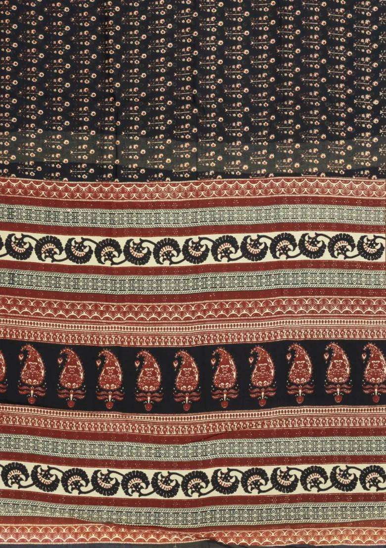 Black Printed Jaipur Cotton Saree With Floral Motifs For Women - Indya