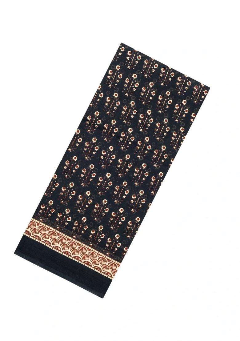 Black Printed Jaipur Cotton Saree With Floral Motifs For Women - Indya