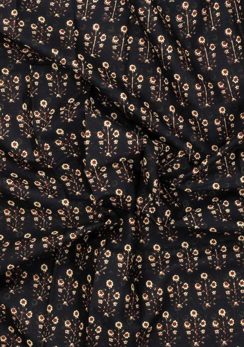 Black Printed Jaipur Cotton Saree With Floral Motifs For Women - Indya