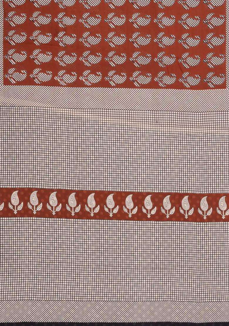 Rust Printed Jaipur Cotton Saree With Floral Motifs For Women - Indya