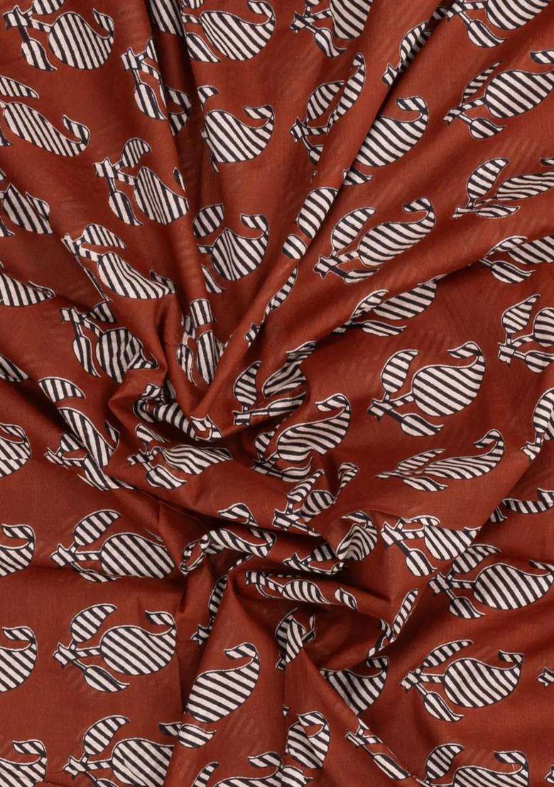Rust Printed Jaipur Cotton Saree With Floral Motifs For Women - Indya