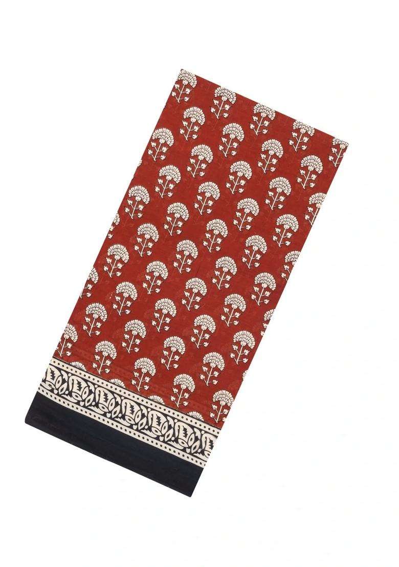 Rust Printed Jaipur Cotton Saree With Floral Motifs For Women - Indya