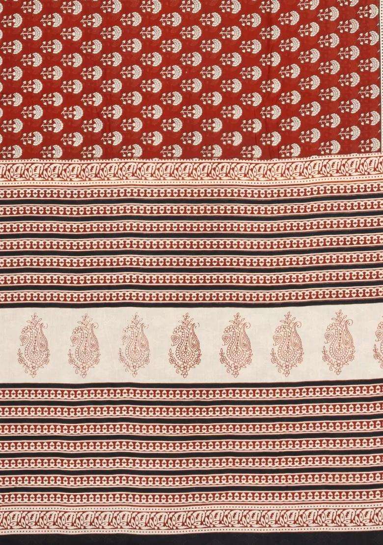 Rust Printed Jaipur Cotton Saree With Floral Motifs For Women - Indya