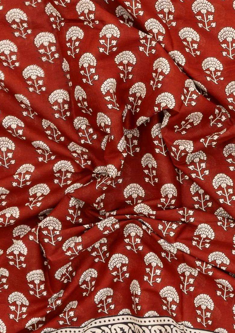 Rust Printed Jaipur Cotton Saree With Floral Motifs For Women - Indya