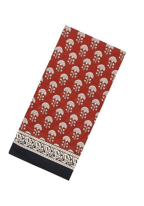 Rust Printed Jaipur Cotton Saree With Floral Motifs For Women
