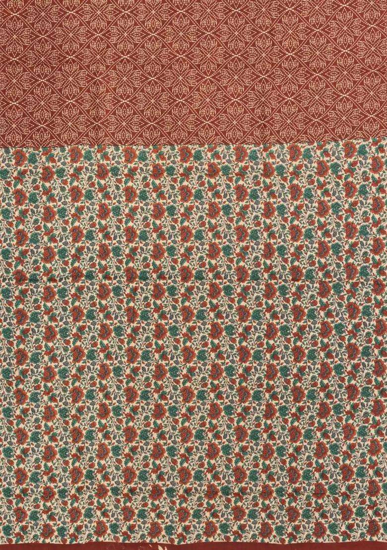 Brown Printed Jaipur Cotton Saree With Floral Motifs For Women - Indya