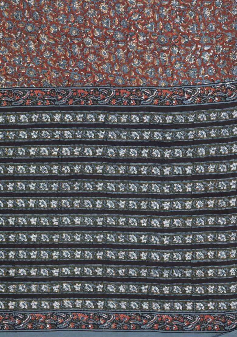 Brown Printed Jaipur Cotton Saree With Floral Motifs For Women - Indya