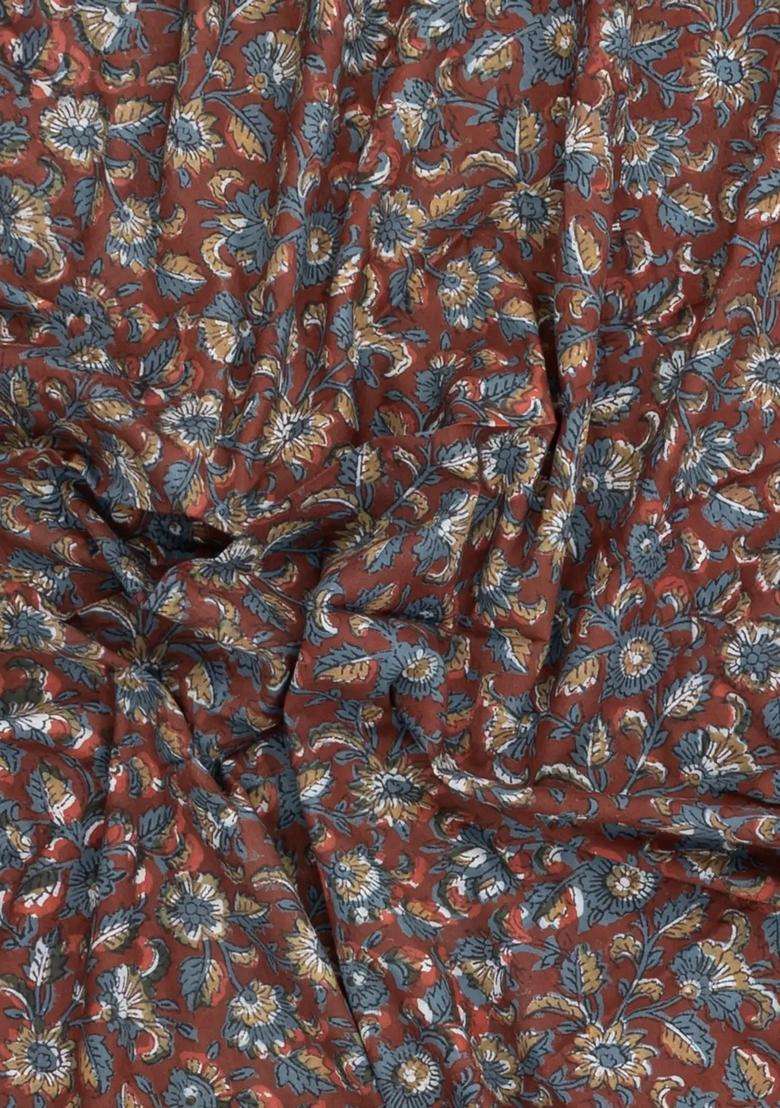 Brown Printed Jaipur Cotton Saree With Floral Motifs For Women - Indya