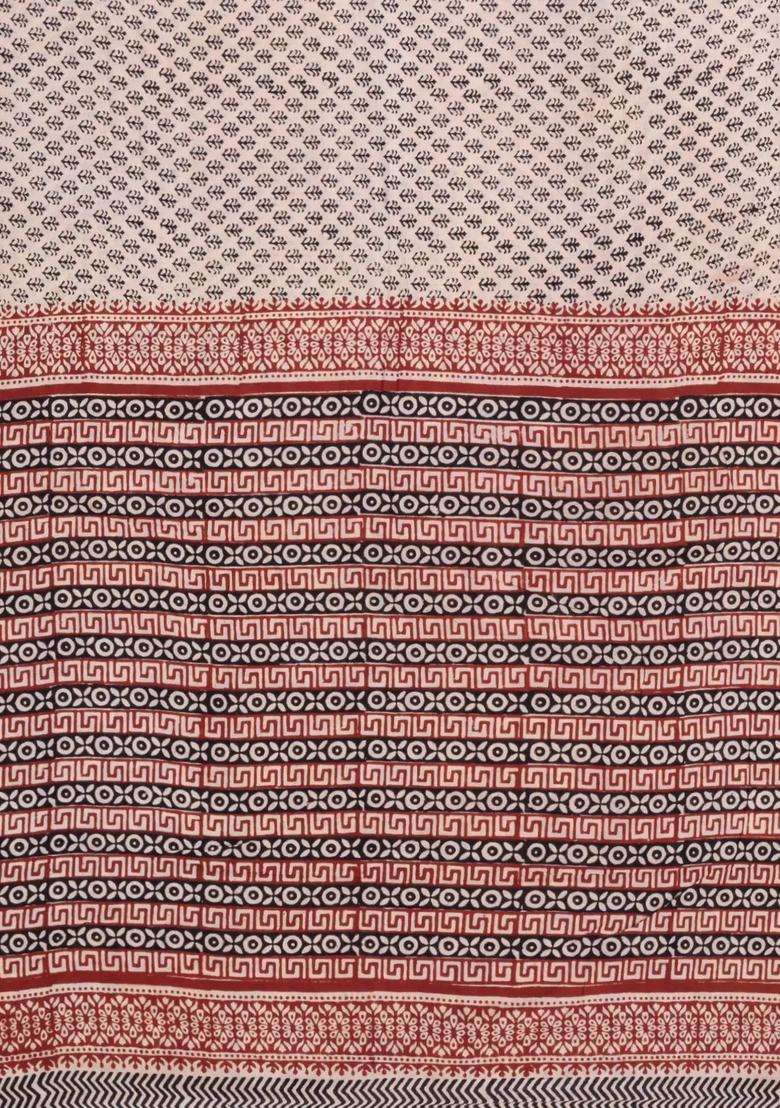 Cream Printed Jaipur Cotton Saree With Floral Motifs For Women - Indya