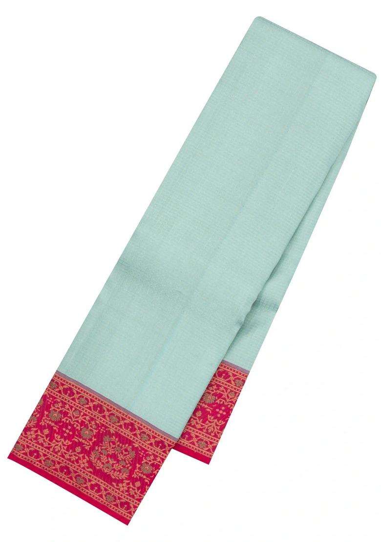 Turquoise Handloom Korvai Kanchipuram Silk Saree With Meena Floral Border With Korvai And Temple Border Design For Women - Indya