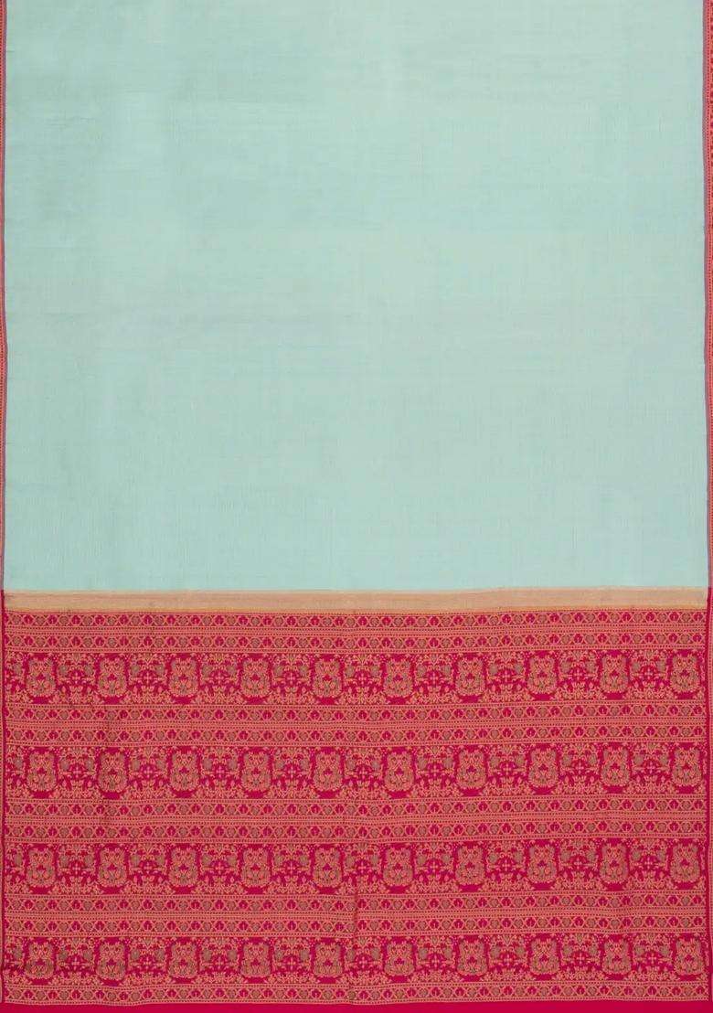 Turquoise Handloom Korvai Kanchipuram Silk Saree With Meena Floral Border With Korvai And Temple Border Design For Women - Indya