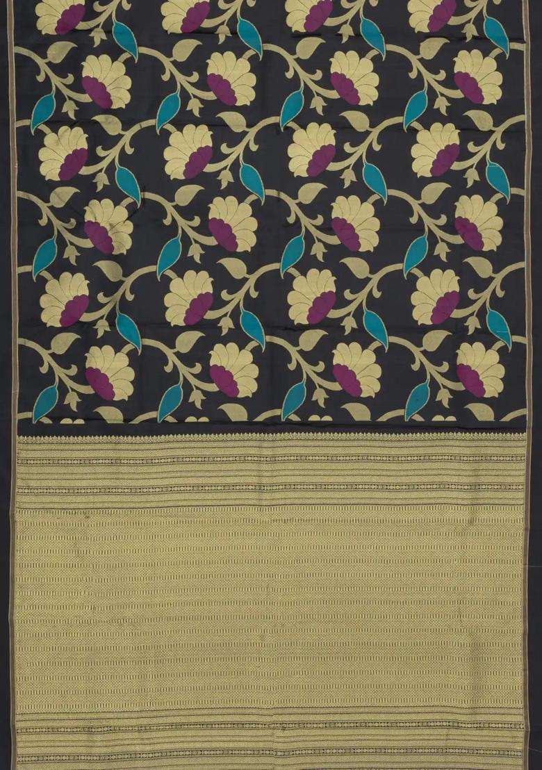 Black Handloom Kanchipuram Silk Saree With Meena Floral Motifs With Buttas And Brocade Design For Women - Indya