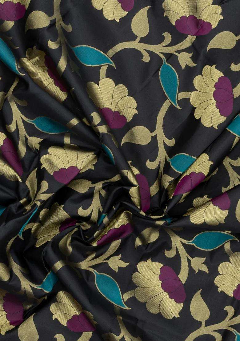 Black Handloom Kanchipuram Silk Saree With Meena Floral Motifs With Buttas And Brocade Design For Women - Indya