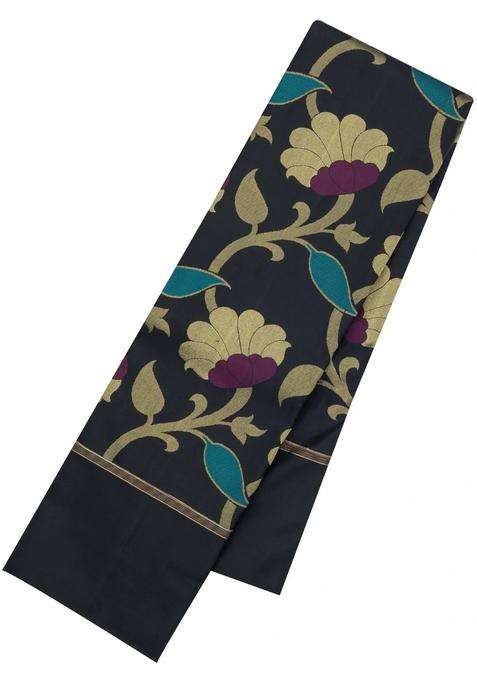 Black Handloom Kanchipuram Silk Saree With Meena Floral Motifs With Buttas And Brocade Design For Women