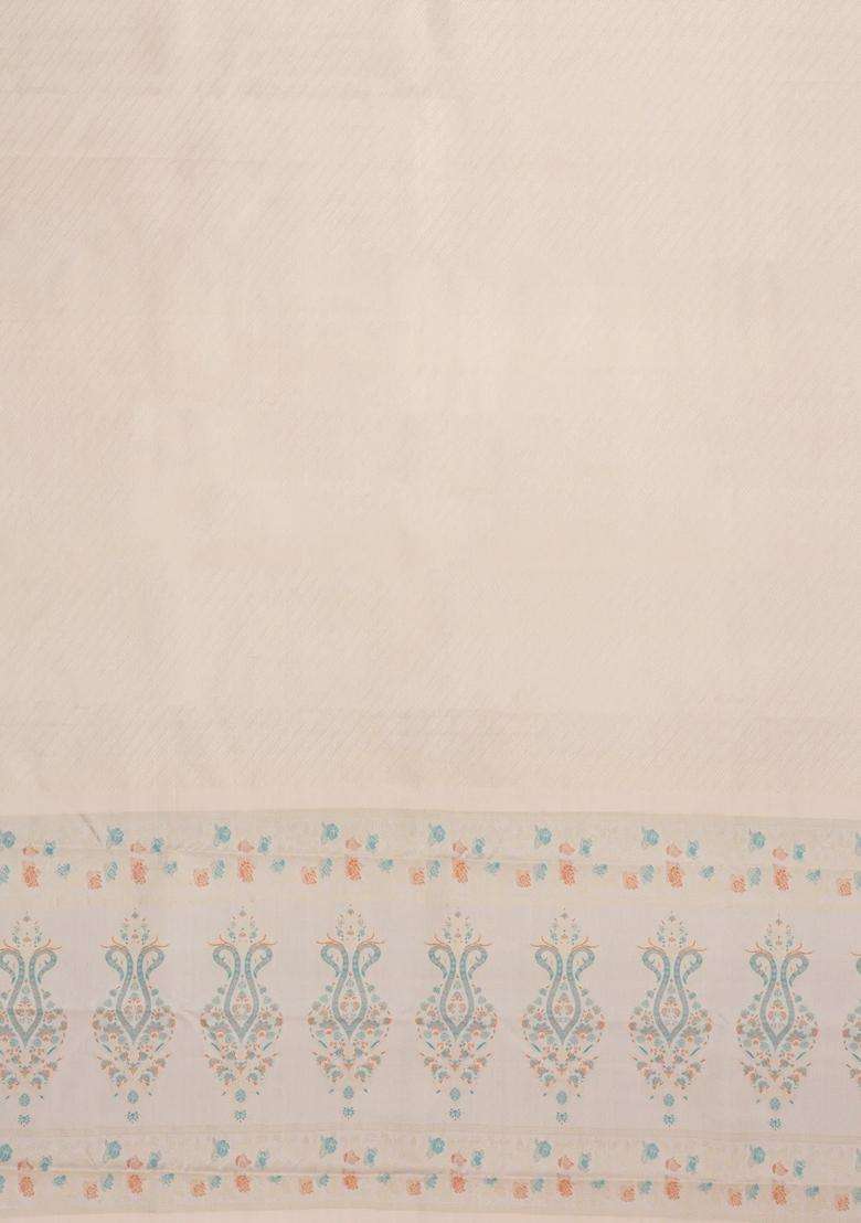 Cream Handloom Kanchipuram Silk Saree With Meena Floral Border With Buttas And Brocade Design For Women - Indya