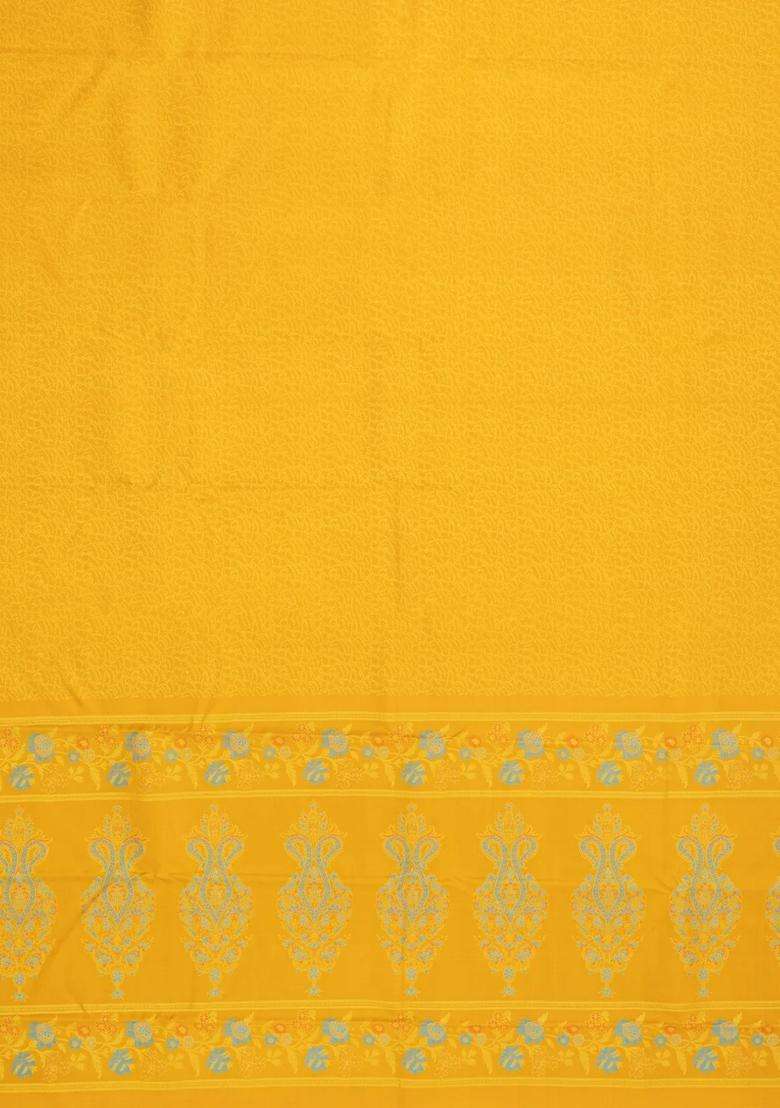 Mustard Handloom Kanchipuram Silk Saree With Meena Floral Border With Buttas And Brocade Design For Women - Indya