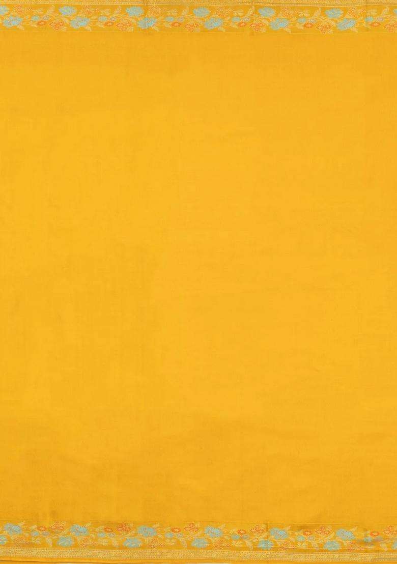 Mustard Handloom Kanchipuram Silk Saree With Meena Floral Border With Buttas And Brocade Design For Women - Indya